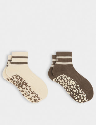 Animal Print Mini Pilates Crew Gripper 2 Pack - Khaki Brown/Pebble Beige Animal Print Mini Pilates Crew Gripper 2 Pack - Khaki Brown/Pebble Beige