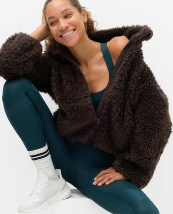 Borg Half Zip Textured Funnel Neck Fleece Jacket - Bitter Chocolate