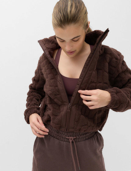 Borg Textured Funnel Neck Fleece Jacket - Dark Chocolate