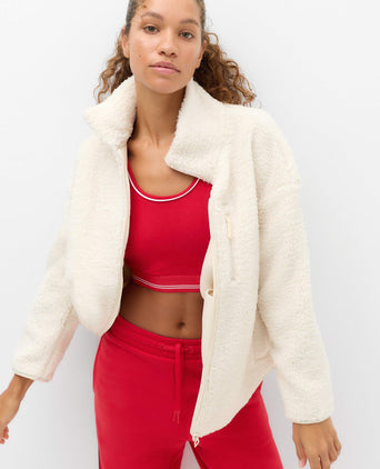 Borg Zip Up Longline Fleece Jacket - Ecru