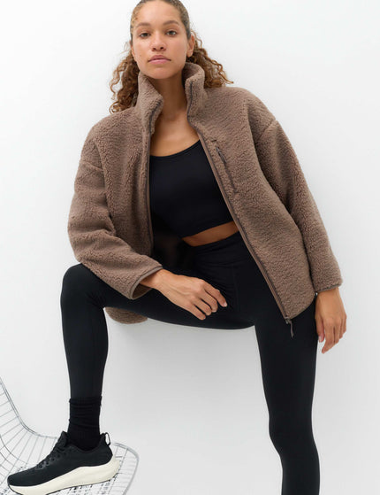 Borg Zip Up Longline Fleece Jacket - Soft Brown