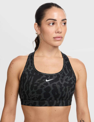 Swoosh Medium Support Printed Sports Bra - Black/Reflective Silver