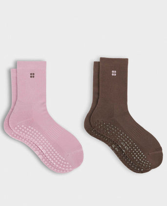 Pilates Crew Gripper Sock 2 Pack - Deco Pink/Chestnut Brown