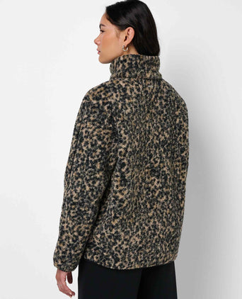 Plush Fleece Contrast Zip Up - Brown Ink Leopard Print