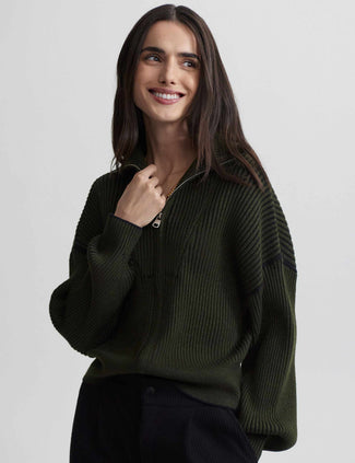 Carmen Zip-Through Rib Knit - Dark Olive